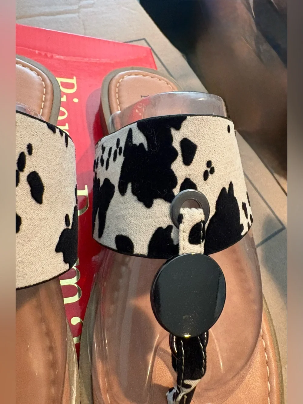 Pierre Dumas Black & White Cow Print Toe-Post Sandals